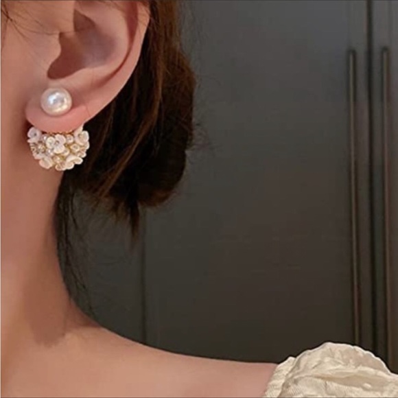 Shell Flower Ball Pearl Double Sided Stud Front Back Earrings - Picture 4 of 5